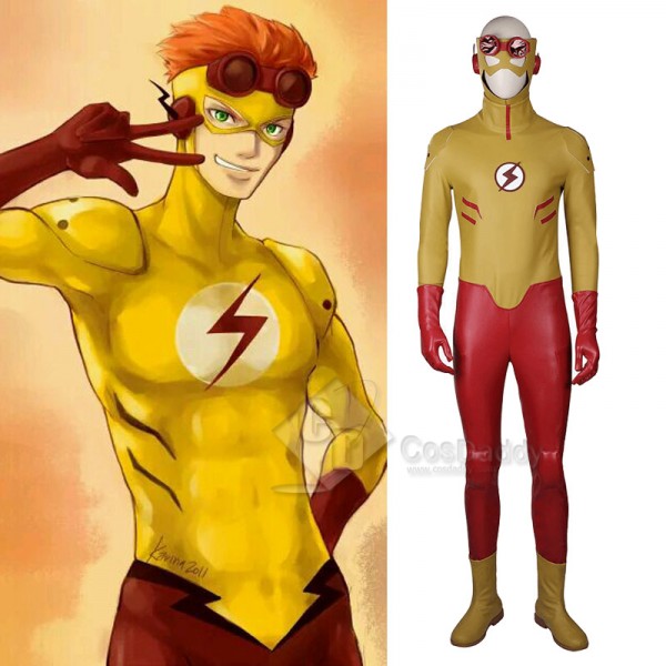 Young Justice Kid Flash Wally West Jumpsuit Mask Cosplay Costume