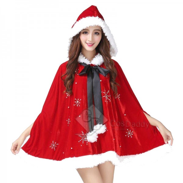 Christmas Womens Adult Mrs Santa Claus Red Hooded Cloak Cape