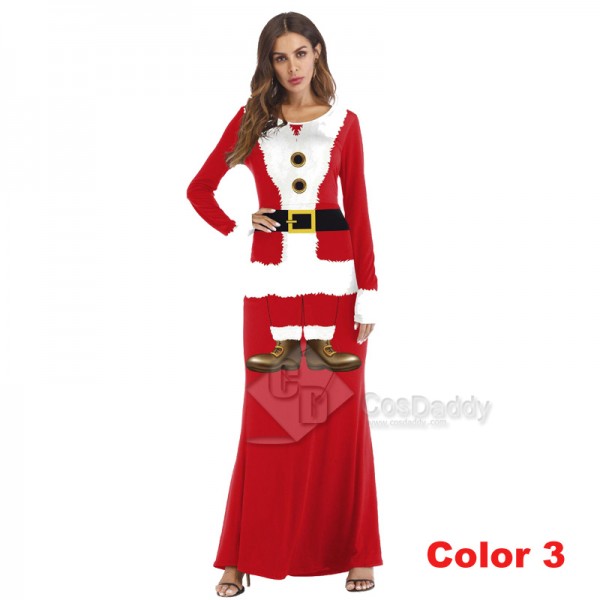 Women Christmas Santa Claus Costume Cosplay 3D Printed Party Long Dress