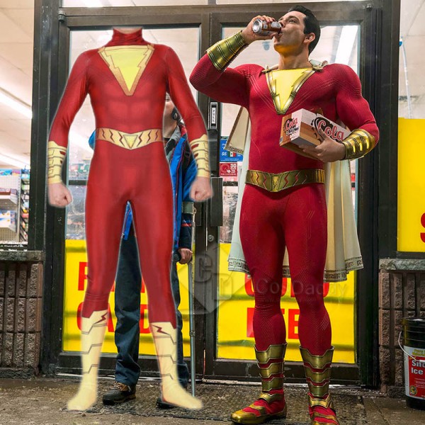 Shazam Billy Batson Captain Marvel Cloak Jumpsuit Cosplay Costume