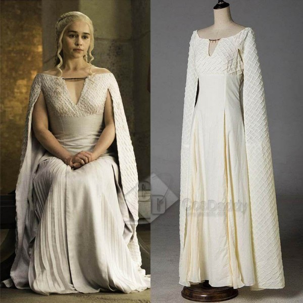 Game of Thrones Queen Daenerys Targaryen White Long Dress Cape Cosplay Costume