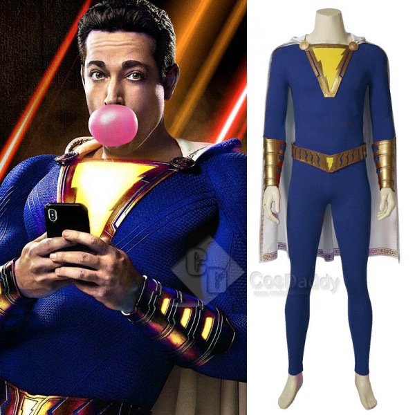 Shazam! Captain Marvel Billy Batson Blue Version Jumpsuit Cape Cosplay Costume