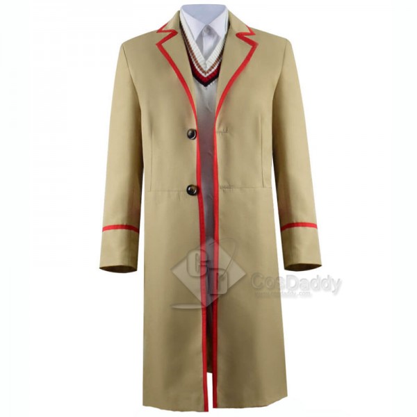 Doctor Who fifth 5th Dr Red Stripe Beige Coat Cosplay Costume