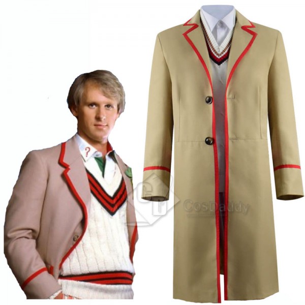 Doctor Who fifth 5th Dr Red Stripe Beige Coat Cosplay Costume