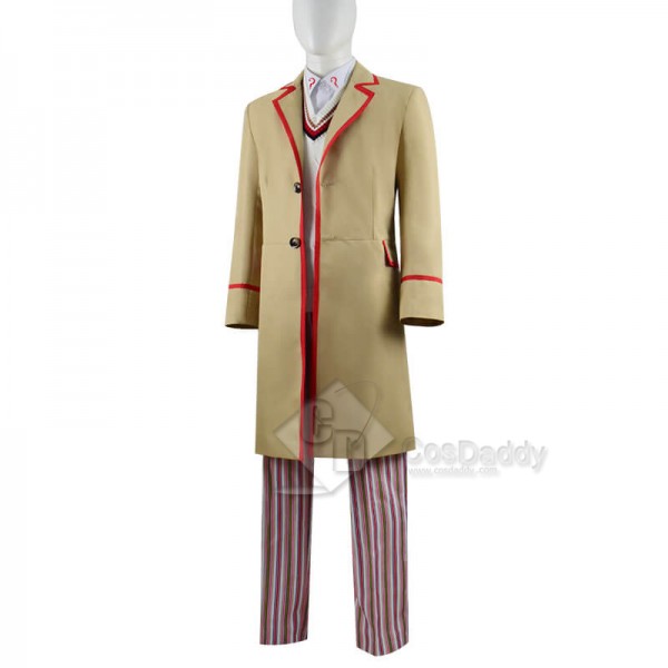 Doctor Who fifth 5th Dr Red Stripe Beige Coat Cosplay Costume