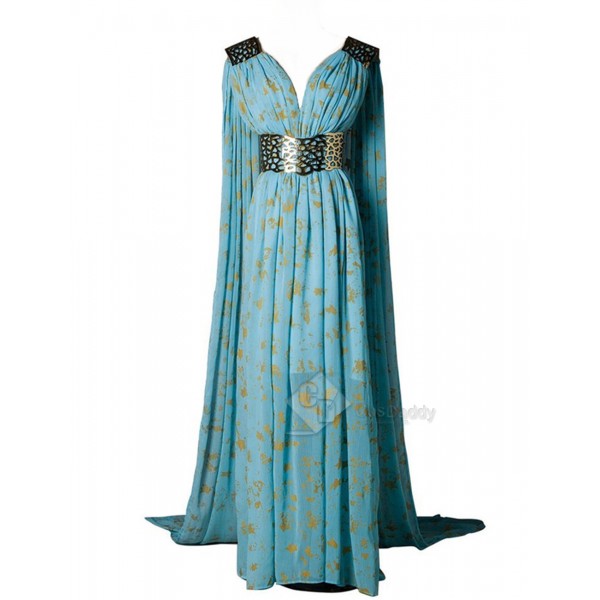 Game of Thrones Queen Daenerys Targaryen  Cospaly Blue Long Dress+Cape Costume