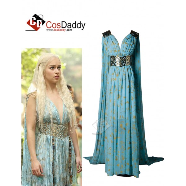 Game of Thrones Queen Daenerys Targaryen  Cospaly Blue Long Dress+Cape Costume