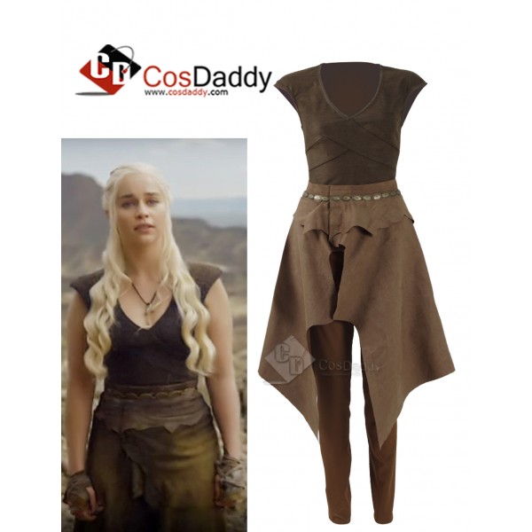 Game of Thrones Queen Daenerys Targaryen Cosplay Daily Brown Dress +Trouser+Jacket  Costume