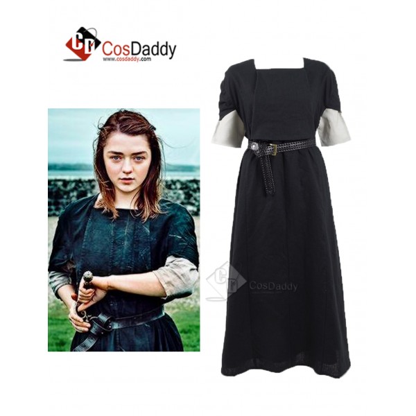 Game of Thrones  Season 6 Arya Stark Black and White House Cosplay Black Long Dress + White Shirt Costume