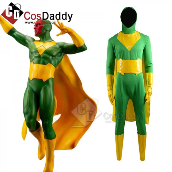 CosDaddy WandaVision Vision Green Jumpsuit Bodysuit Cape Cosplay Costume For Sale 