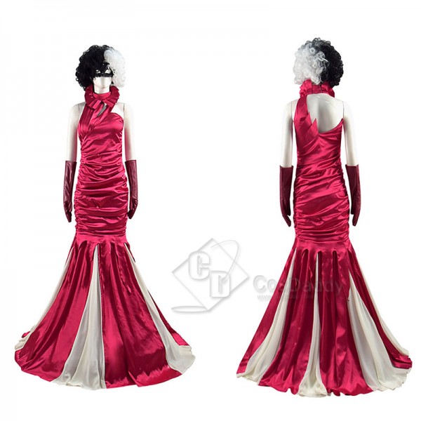 2021 Cruella Deville Cosplay Costume Red Dress Emma Stone Outfit