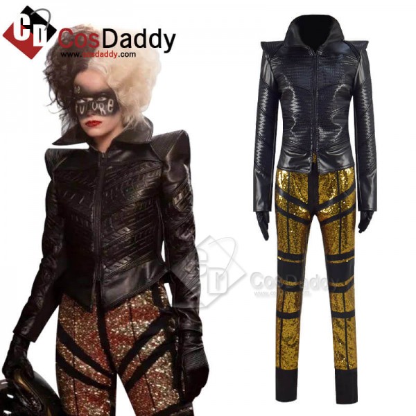 2021 Cruella Black Leather Jacket Cruella de Vil Halloween Carnival Suit Cosplay Costumes