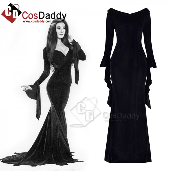 2022 Addams Family Morticia Dress Black Off Shoulder Maxi Dress Halloween Costume