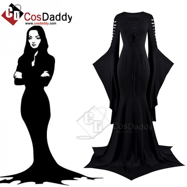 2022 Addams Family Women Morticia Cosplay Costume Long Sleeve Dress Halloween Party Suit