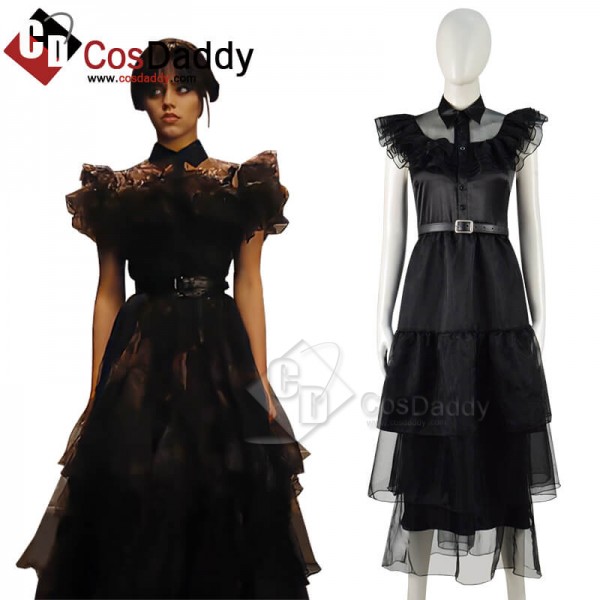 CosDaddy Wednesday Addams Black Dress Wednesday Dress Cosplay Outfit Halloween Costume