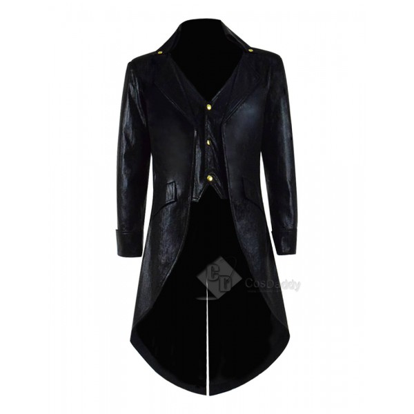 Gothic Steampunk Leather Jacket Costume Black Pins...