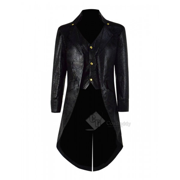 Steampunk Fashion Tailcoat Victorian Gothic Leather Jacket Litchi Pattern Costume