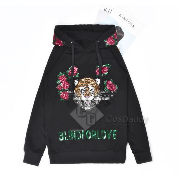 Taylor Swift Love What You Made You Do Same Style Tiger Head Paillette  Flower Design Hoodies