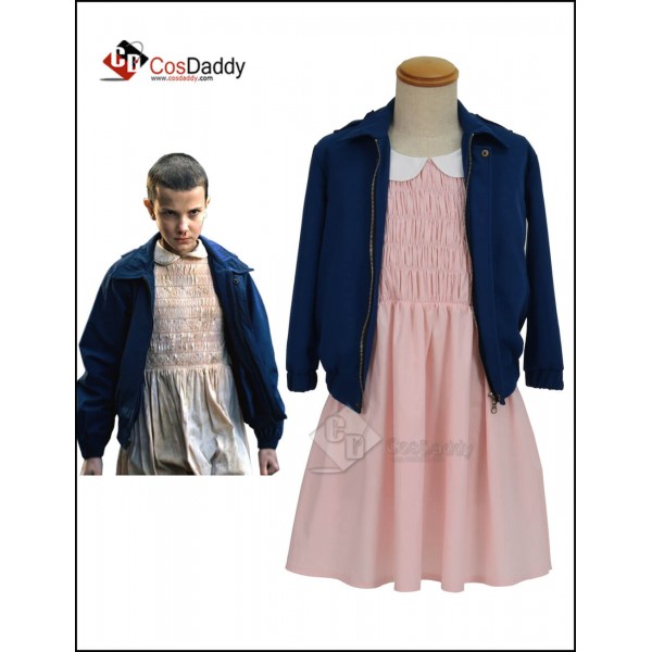 Stranger Things Eleven Pink dress Blue Jacket Costume