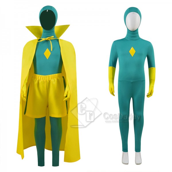 Kids WandaVision Vision Cosplay Costume Green Jumpsuit Yellow Bodysuit Cloak Full Set