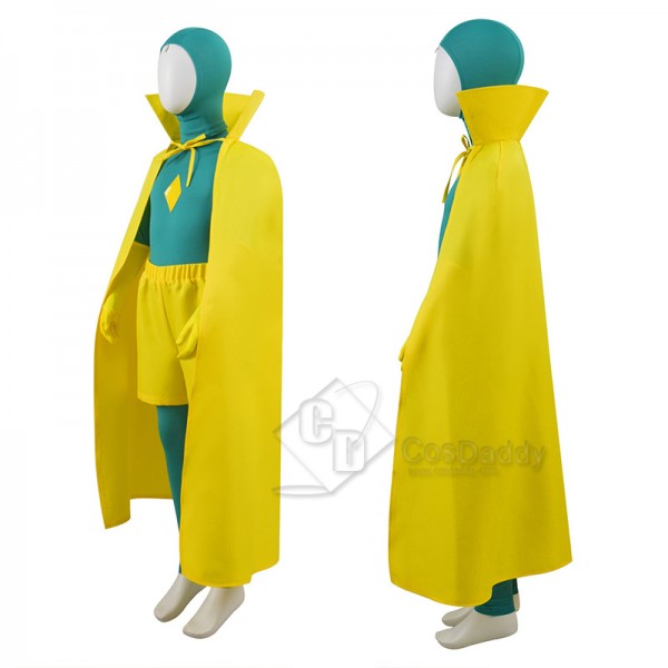 Kids WandaVision Vision Cosplay Costume Green Jumpsuit Yellow Bodysuit Cloak Full Set