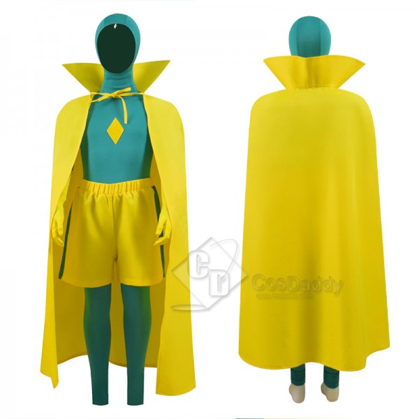 Kids WandaVision Vision Cosplay Costume Green Jumpsuit Yellow Bodysuit Cloak Full Set