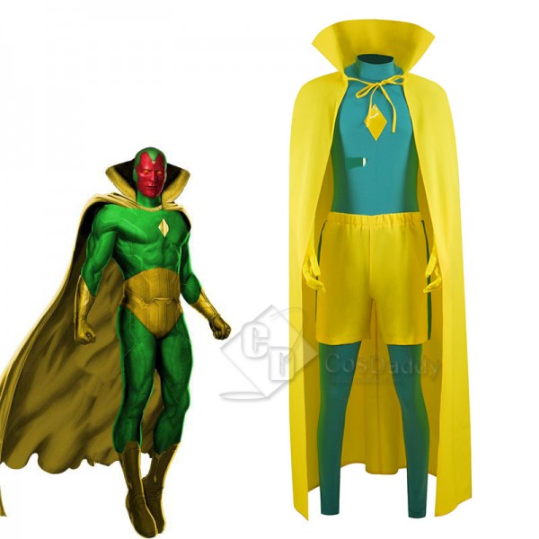 WandaVision Vision Cosplay Costume Green Jumpsuit Yellow Bodysuit Adult Cape Outfit
