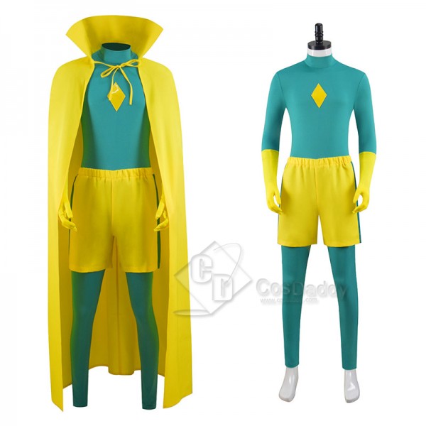 WandaVision Vision Cosplay Costume Green Jumpsuit Yellow Bodysuit Adult Cape Outfit