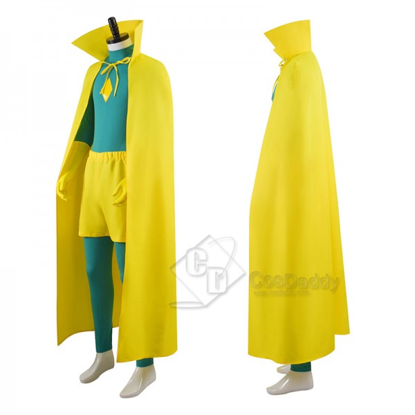 WandaVision Vision Cosplay Costume Green Jumpsuit Yellow Bodysuit Adult Cape Outfit