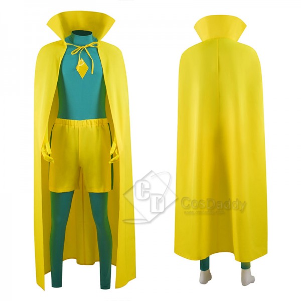 WandaVision Vision Cosplay Costume Green Jumpsuit Yellow Bodysuit Adult Cape Outfit