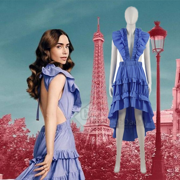 Movie Emily in Paris Season 2 Emily Cosplay Costume Lily Collins Bule Dress