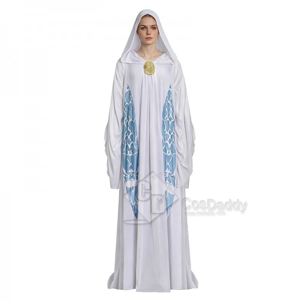 Cosdaddy Star Wars Padme Amidala Cosplay Costume White Hooded With Blue Printed