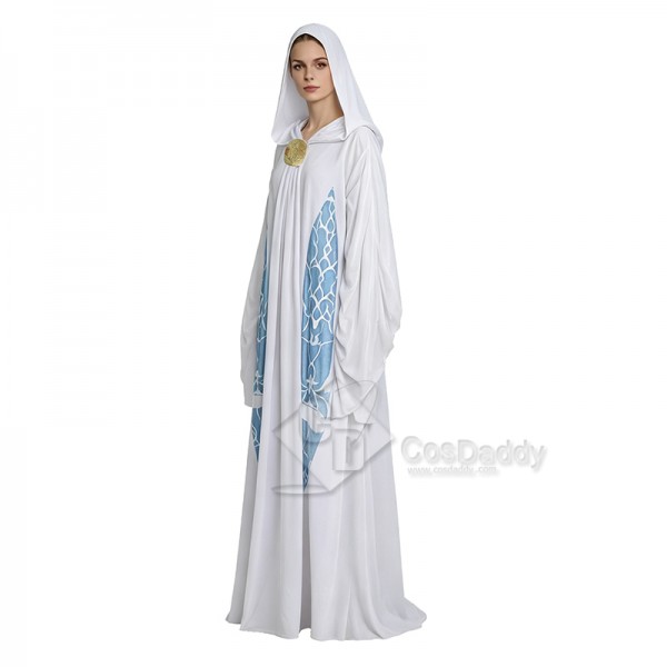 Cosdaddy Star Wars Padme Amidala Cosplay Costume White Hooded With Blue Printed