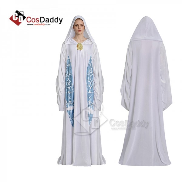 Cosdaddy Star Wars Padme Amidala Cosplay Costume White Hooded With Blue Printed