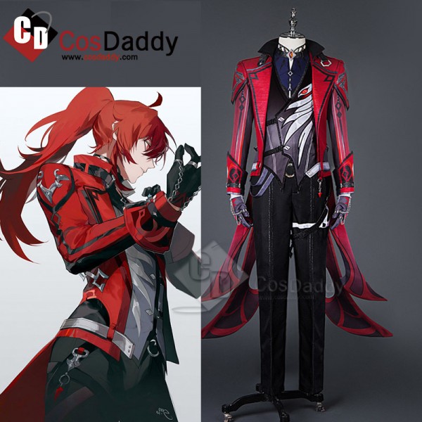 Genshin Impact Diluc Red Dead of Night Cosplay Costume Halloween Party Suit