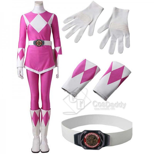 Adults Mighty Morphin Power Rangers Costume Pink Ranger Jumpsuit Zentai Bodysuit Boots Cosplay Costume