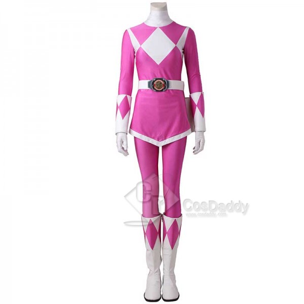 Adults Mighty Morphin Power Rangers Costume Pink Ranger Jumpsuit Zentai Bodysuit Boots Cosplay Costume