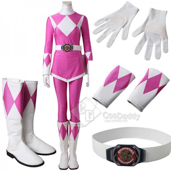 Adults Mighty Morphin Power Rangers Costume Pink Ranger Jumpsuit Zentai Bodysuit Boots Cosplay Costume