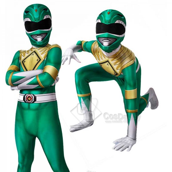 Kids Power Rangers Green Ranger Zentai Jumpsuit Mask Cosplay Costume 