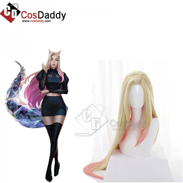 League Of Legends LOL KDA Ahri Blonde Mixed Pink Heat Resistant Cosplay Wig 