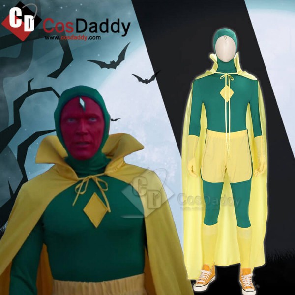 New Edition WandaVision Vision Green Jumpsuit Bodysuit Cape Cosplay Costume Full Set Outfit