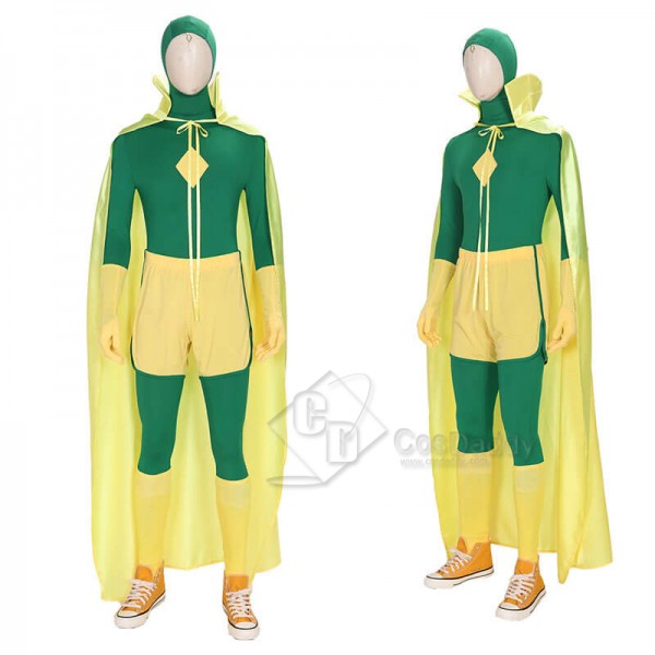 New Edition WandaVision Vision Green Jumpsuit Bodysuit Cape Cosplay Costume Full Set Outfit