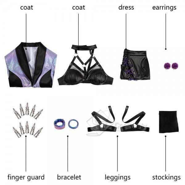 LOL KDA Evelynn Cosplay Costume Purple Sexy Women Uniform Bra Coat Skirt