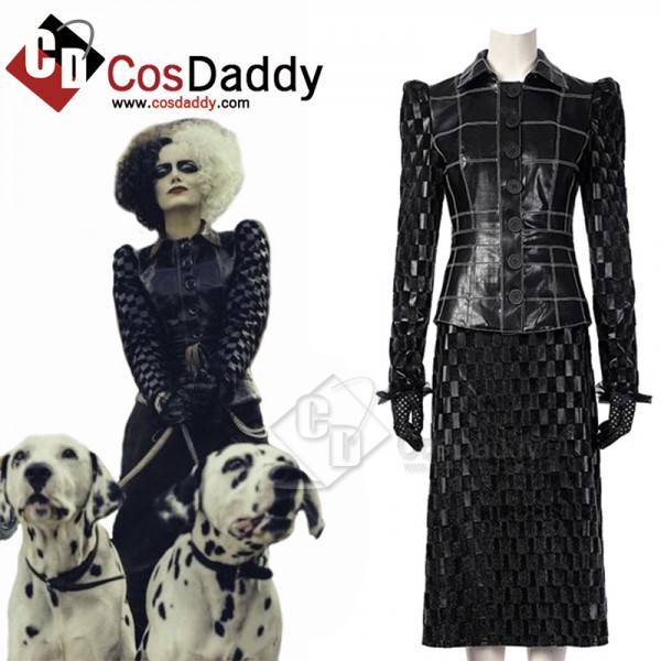 Cruella Deville Cosplay Costume Cruella Black Leather Jacket Skirt Suit Halloween Uniform