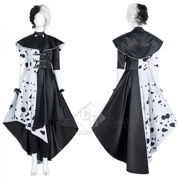 Cruella De Vil Cosplay Costume Black White Polka Dot Dress Halloween Outfit