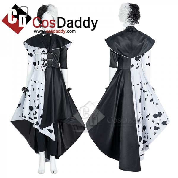 Cruella De Vil Cosplay Costume Black White Polka Dot Dress Halloween Outfit