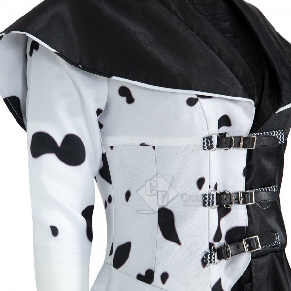 Cruella De Vil Cosplay Costume Black White Polka Dot Dress Halloween Outfit