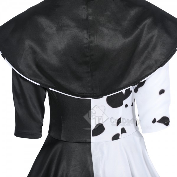 Cruella De Vil Cosplay Costume Black White Polka Dot Dress Halloween Outfit