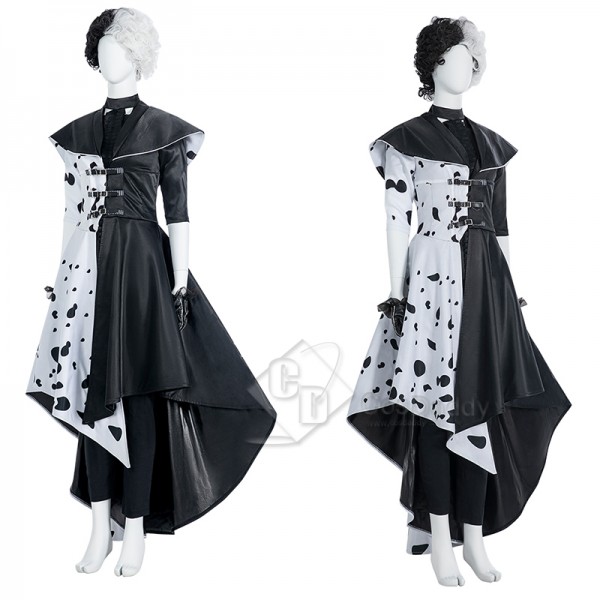 Cruella De Vil Cosplay Costume Black White Polka Dot Dress Halloween Outfit