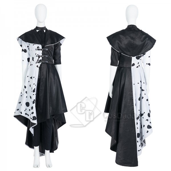 Cruella De Vil Cosplay Costume Black White Polka Dot Dress Halloween Outfit